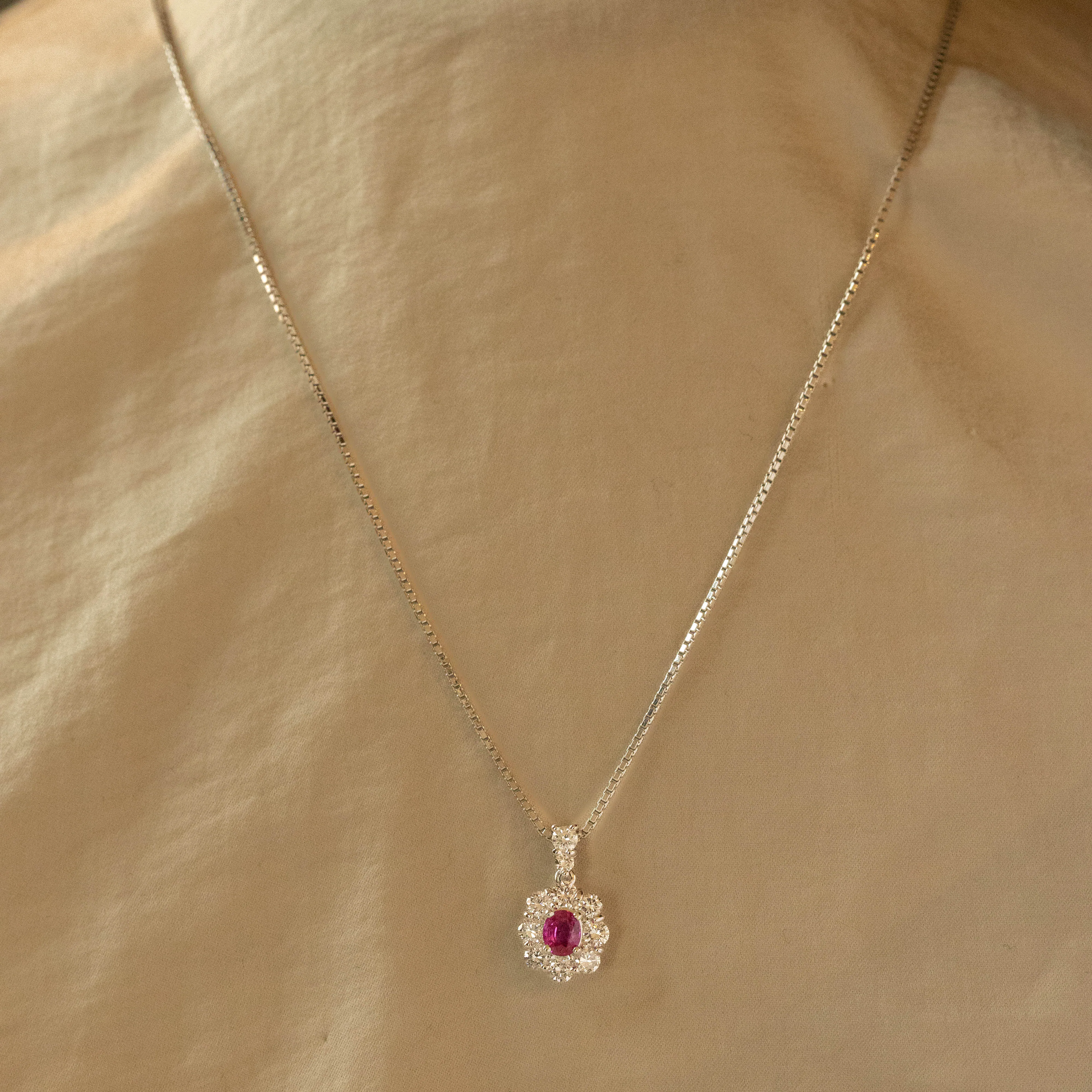 0.45 Carat Oval Ruby Diamond Halo Pendant Necklace