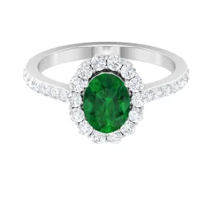 1 CT Oval shape Emerald Halo Engagement Ring with Diamond