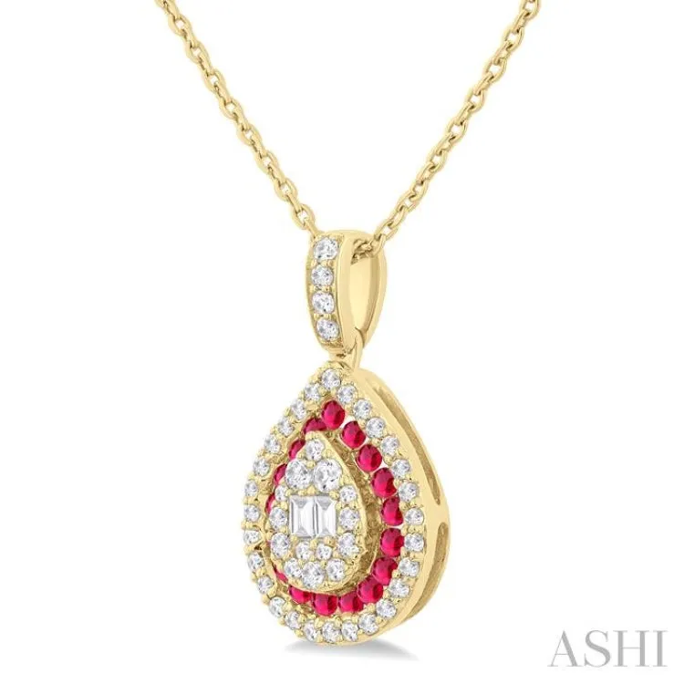 1/4 Ctw Pear Shape 1.25 MM & 1.45 MM Ruby, Baguette and Round Cut Diamond Precious Pendant With Chain in 14K Yellow Gold