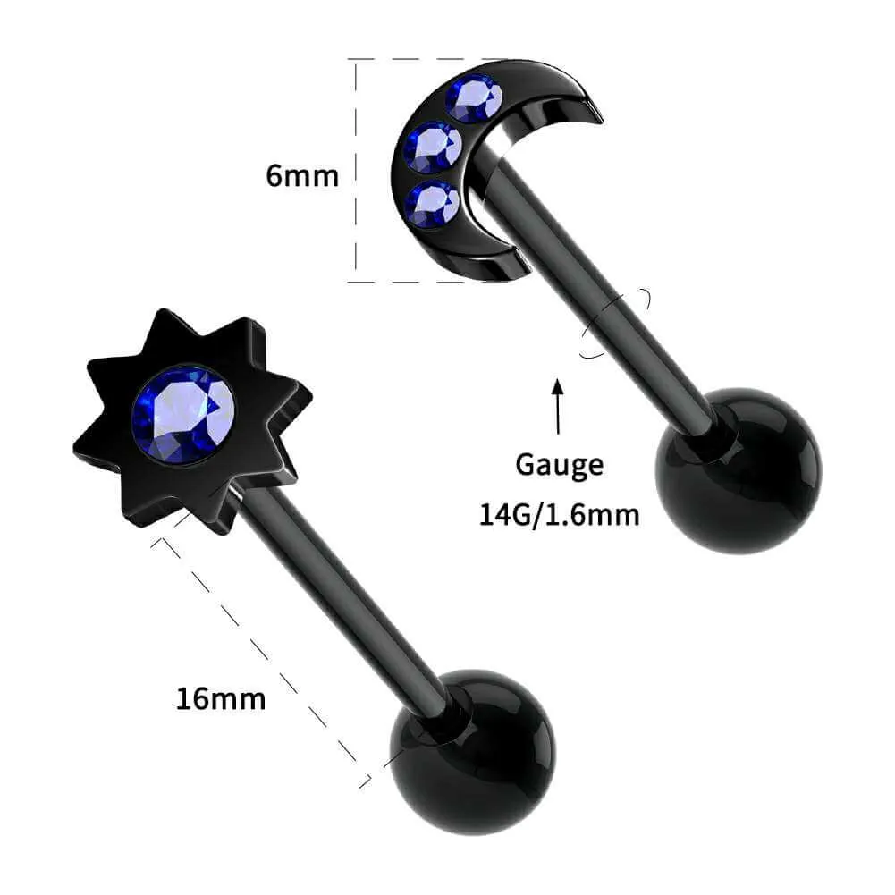 14G 4PCS Moon & Sun Royal Blue CZ Black Tongue Barbell Rings Set