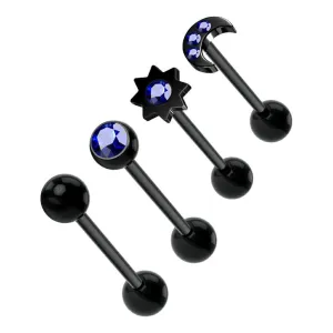 14G 4PCS Moon & Sun Royal Blue CZ Black Tongue Barbell Rings Set