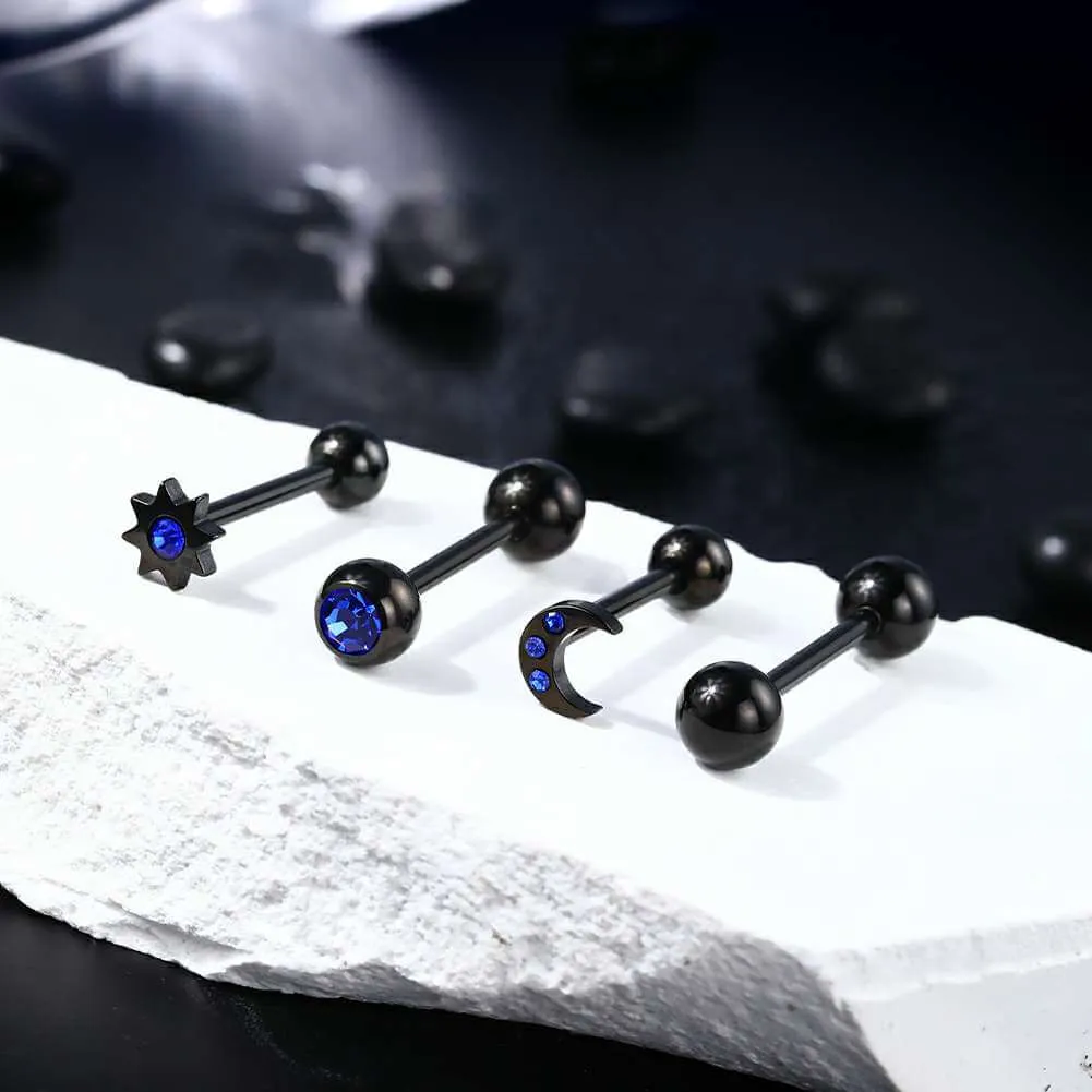 14G 4PCS Moon & Sun Royal Blue CZ Black Tongue Barbell Rings Set