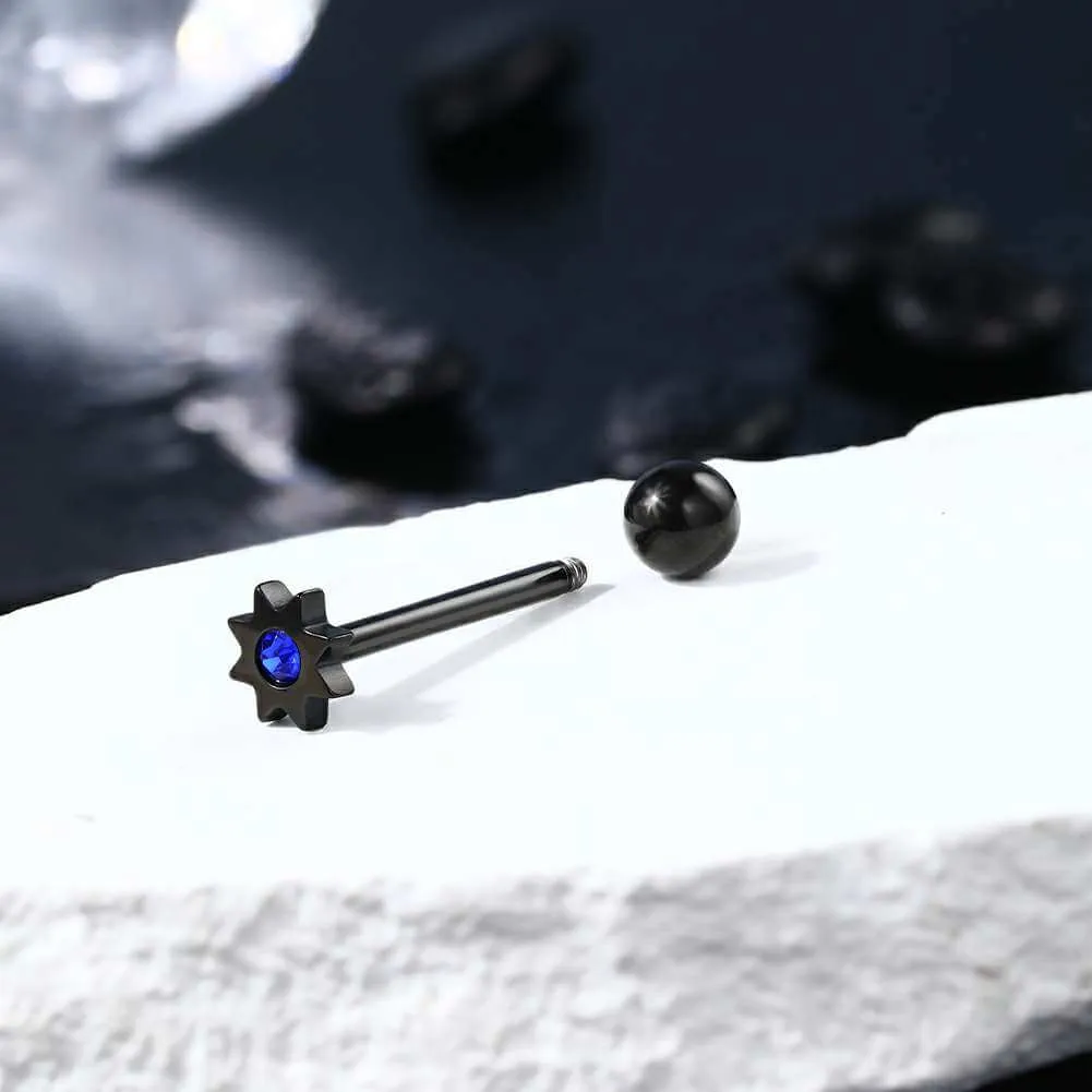 14G 4PCS Moon & Sun Royal Blue CZ Black Tongue Barbell Rings Set