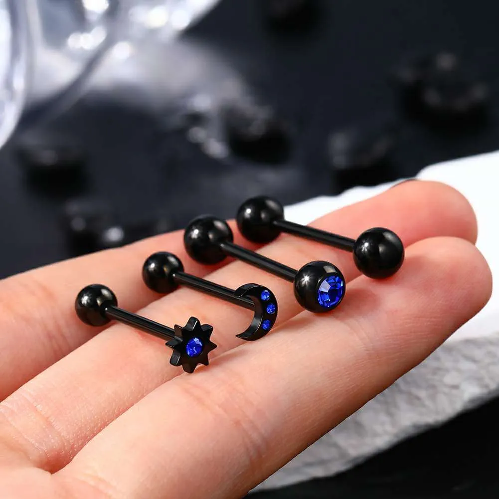 14G 4PCS Moon & Sun Royal Blue CZ Black Tongue Barbell Rings Set