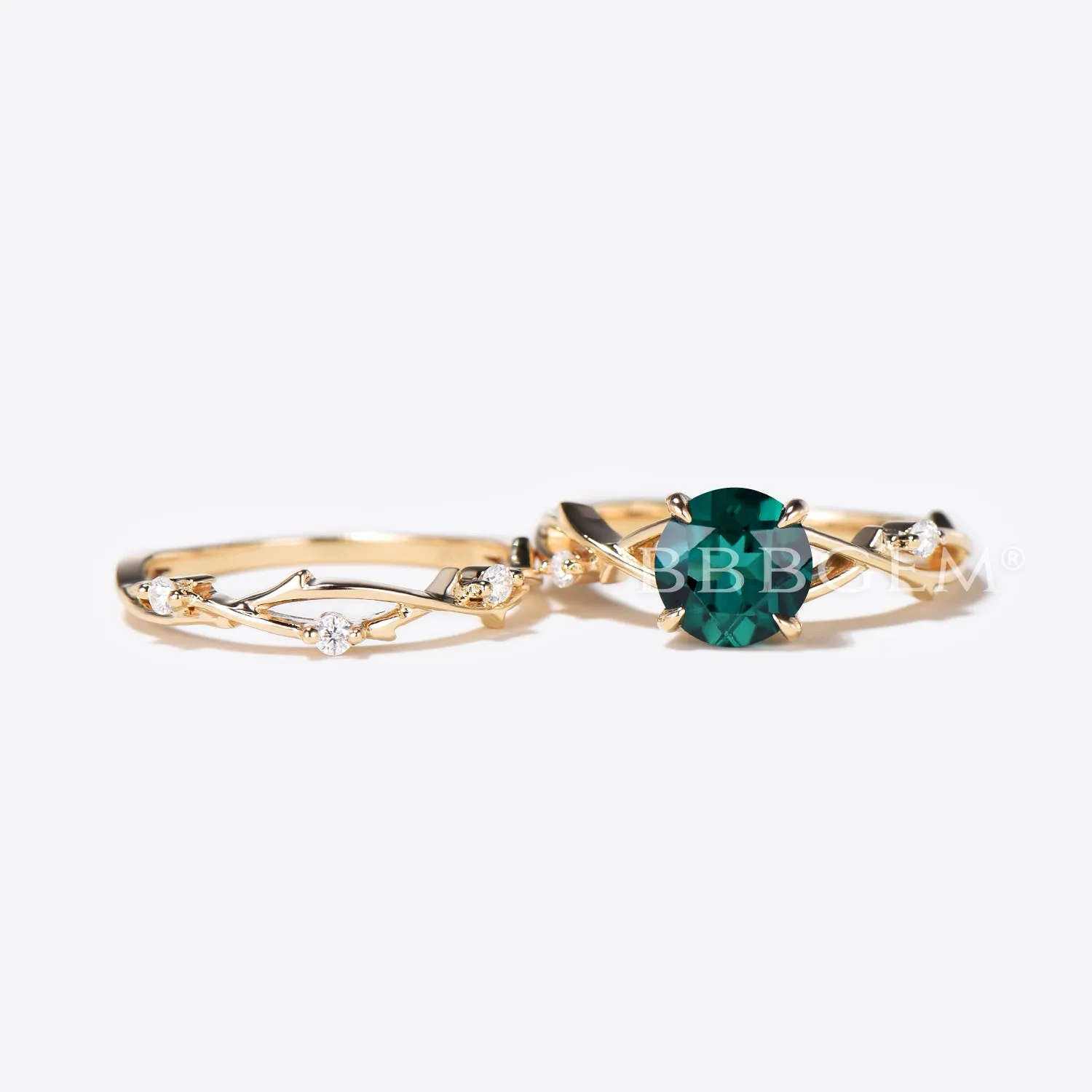 14k Gold Green Emerald Engagement Ring Set Vine Branch Diamond Ring