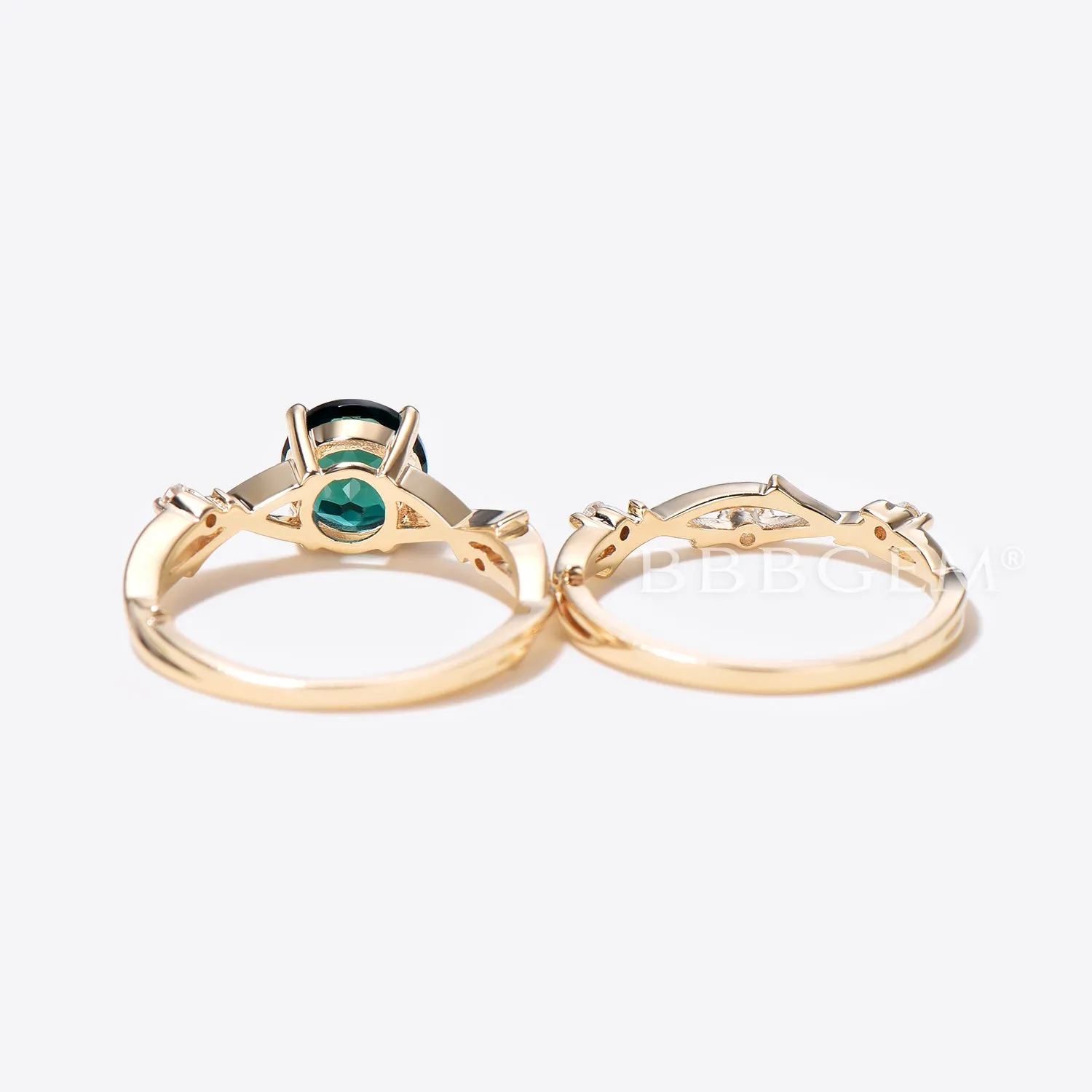 14k Gold Green Emerald Engagement Ring Set Vine Branch Diamond Ring