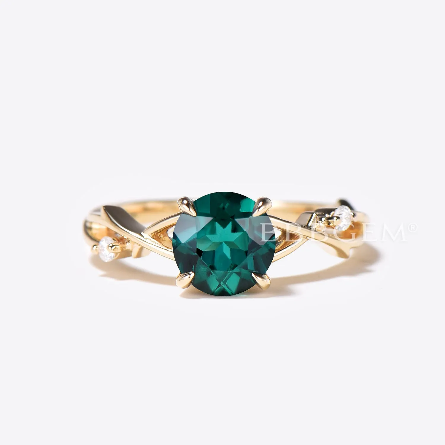 14k Gold Green Emerald Engagement Ring Set Vine Branch Diamond Ring