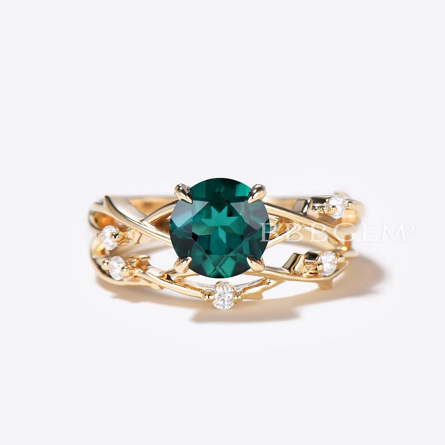 14k Gold Green Emerald Engagement Ring Set Vine Branch Diamond Ring