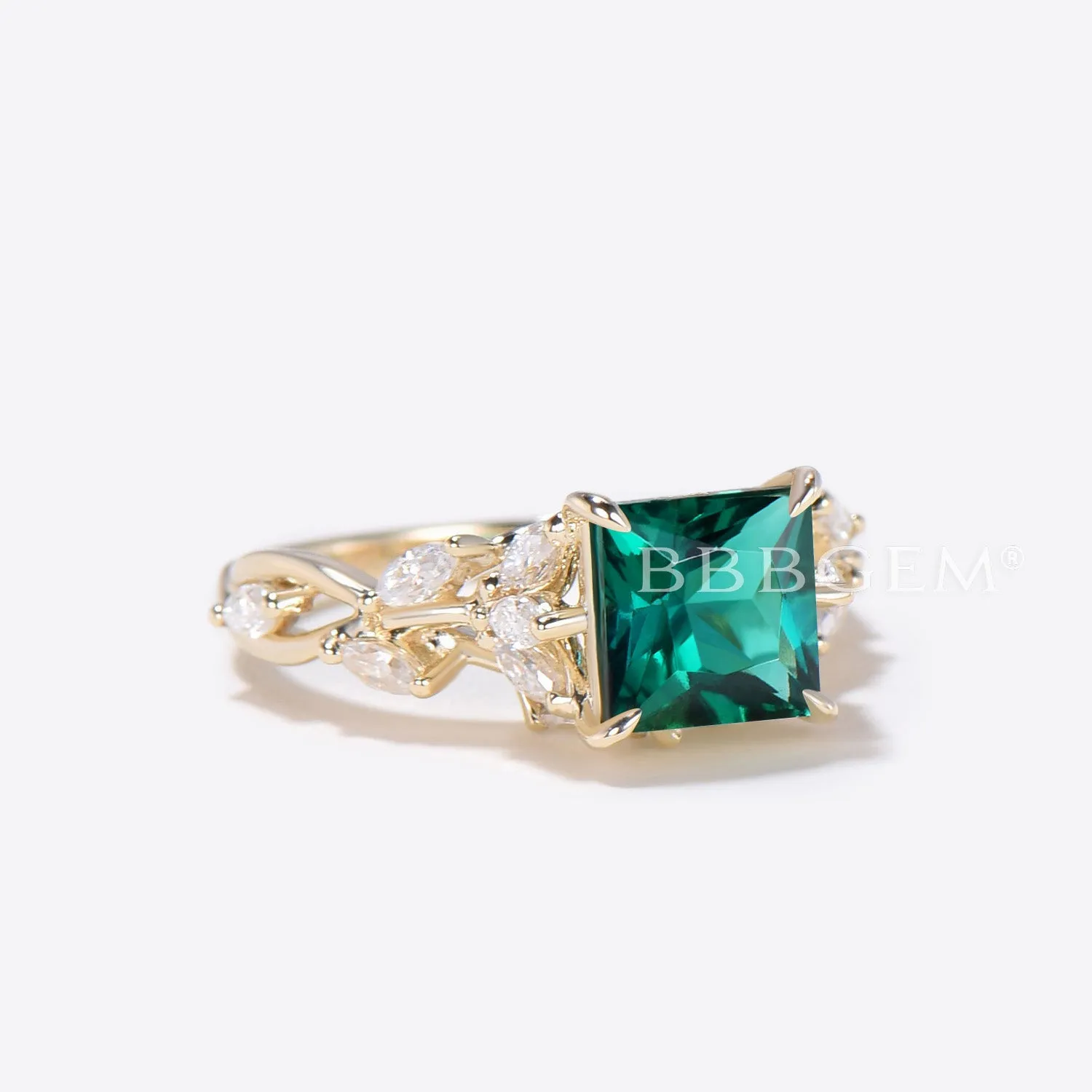 14k Gold Princess Cut Emerald Engagement Ring Marquise Diamond Ring