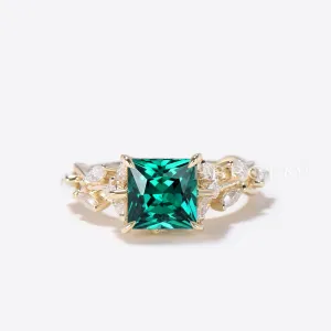 14k Gold Princess Cut Emerald Engagement Ring Marquise Diamond Ring