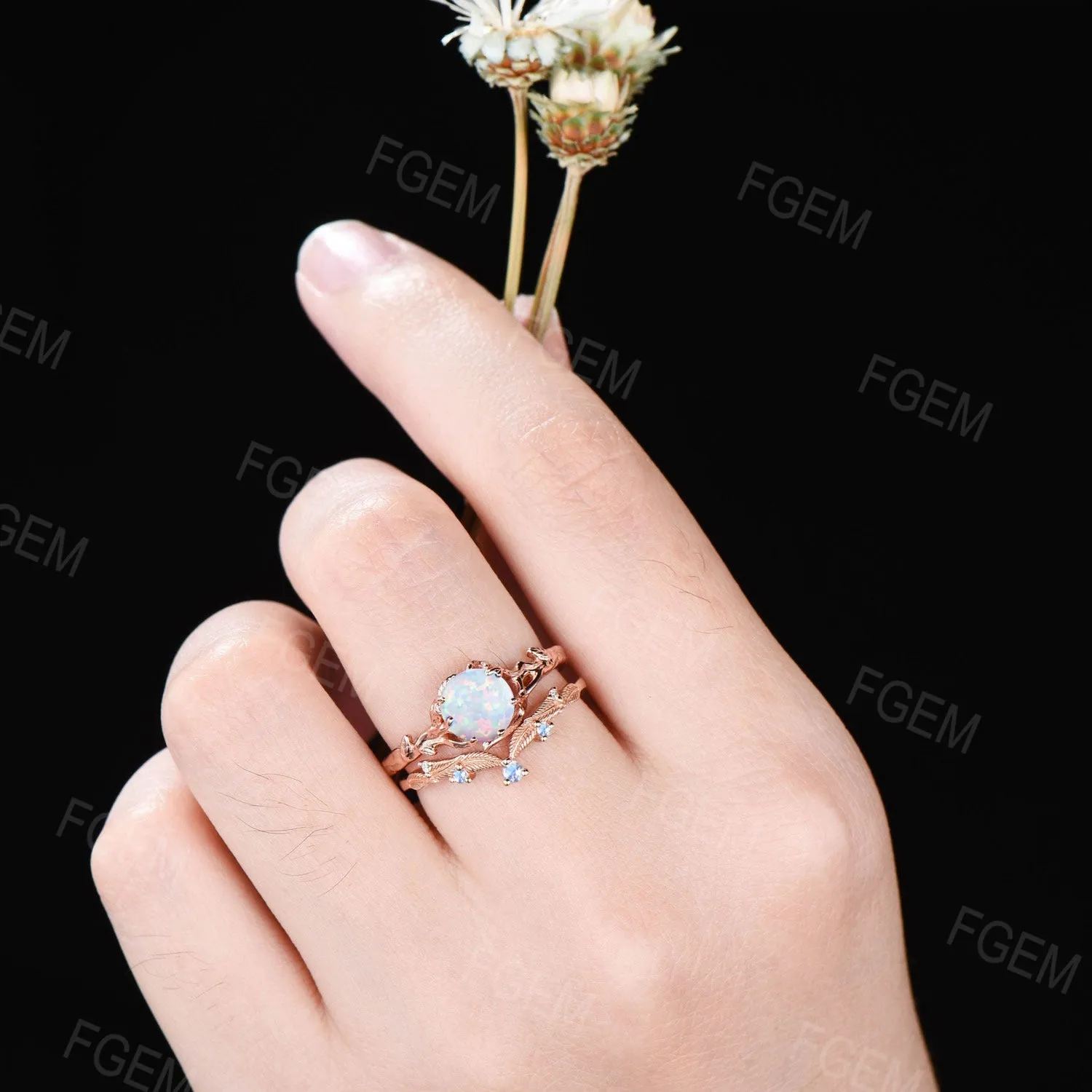 14k Rose Gold Branch Ring 1ct Round White Opal Engagement Ring Leaf Textured Moonstone Wedding Ring October Birthstone Proposal Gift fot Her