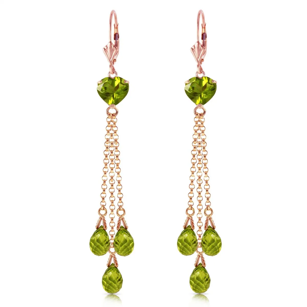 14K Solid Rose Gold Chandelier Earrings w/ Briolette Peridots