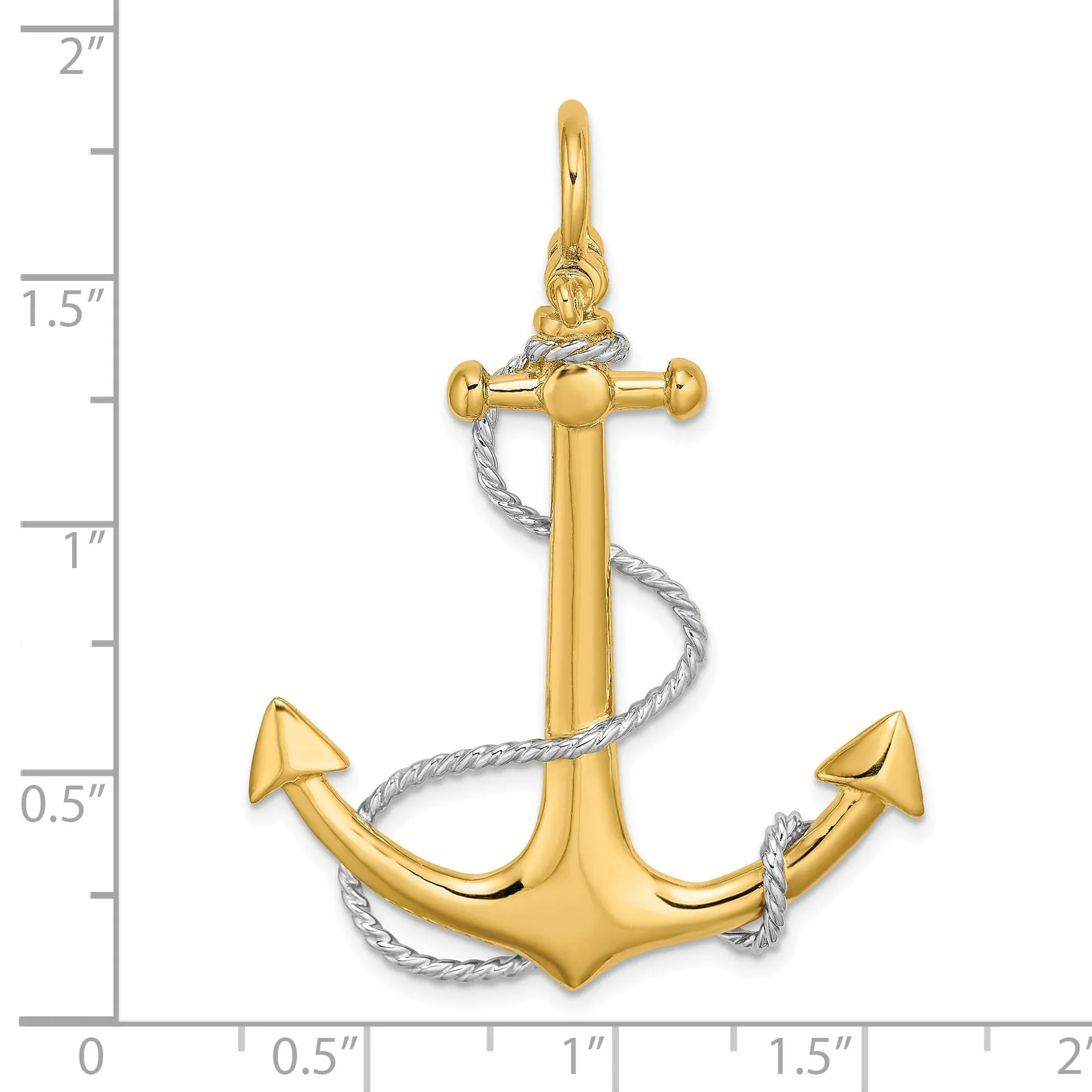 14K Two Tone Gold 3-Dimensional Textured Polished Finish Anchor with white Rope design and Shackle Bail Large Charm Pendant