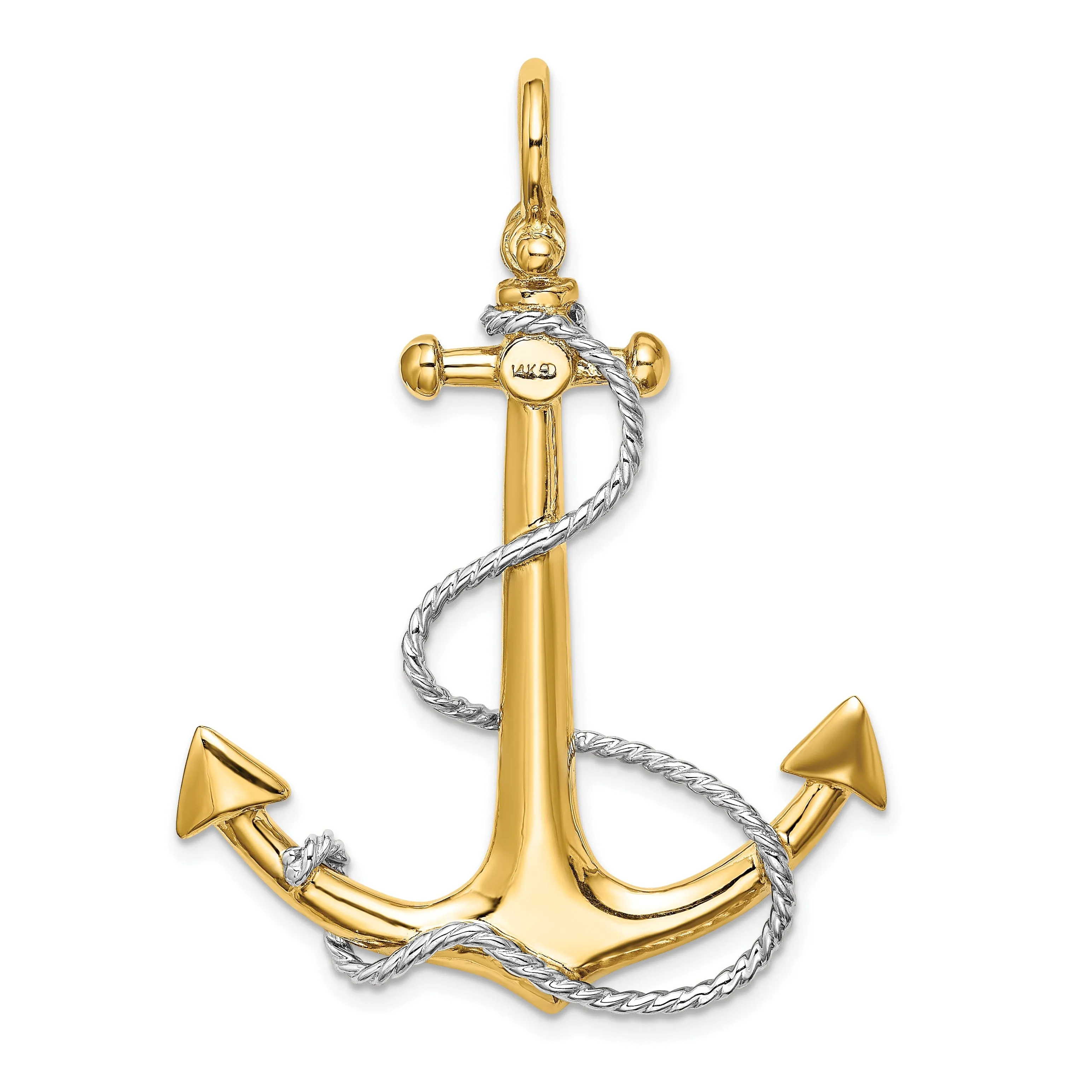 14K Two Tone Gold 3-Dimensional Textured Polished Finish Anchor with white Rope design and Shackle Bail Large Charm Pendant