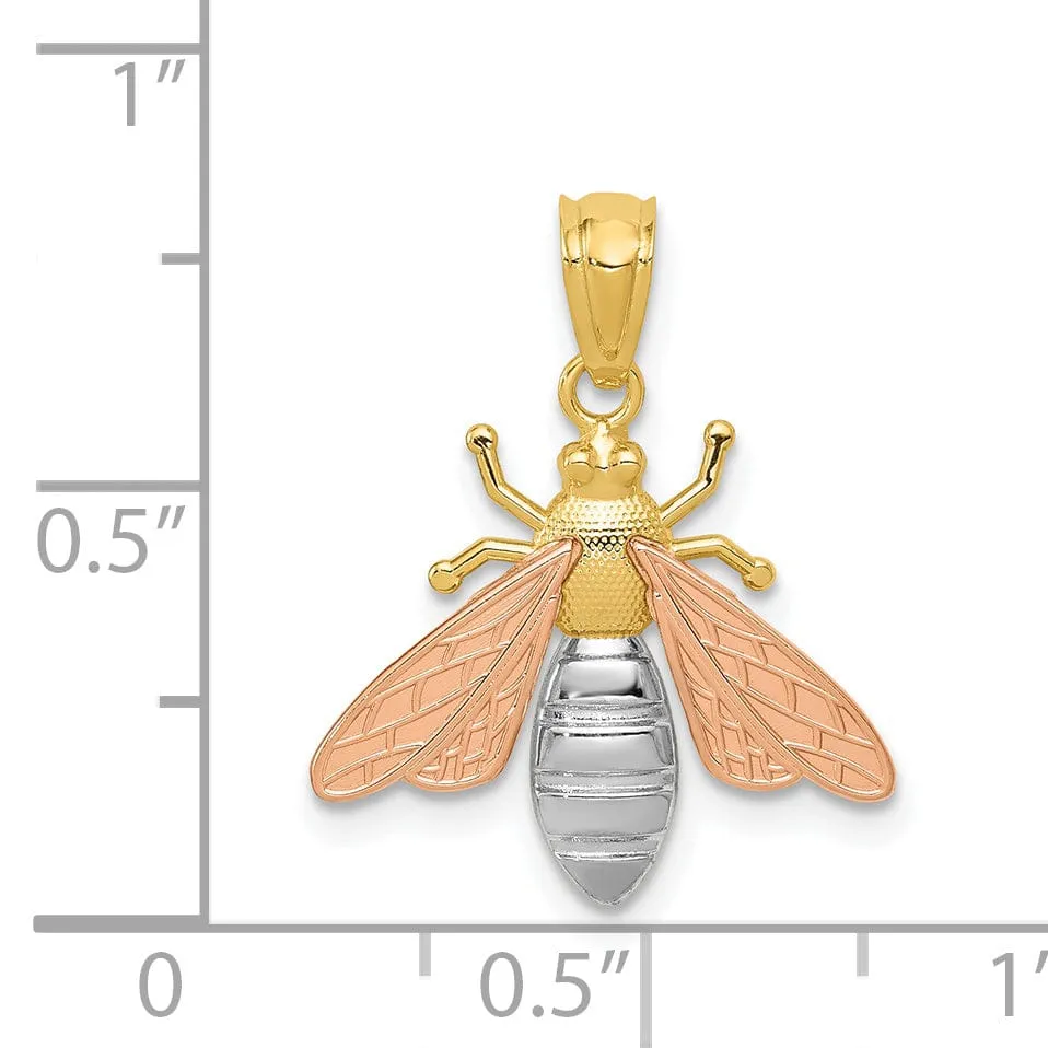 14k Two Tone Gold White Rhodium Open Back Solid Textured Polished Finish Bee Charm Pendant