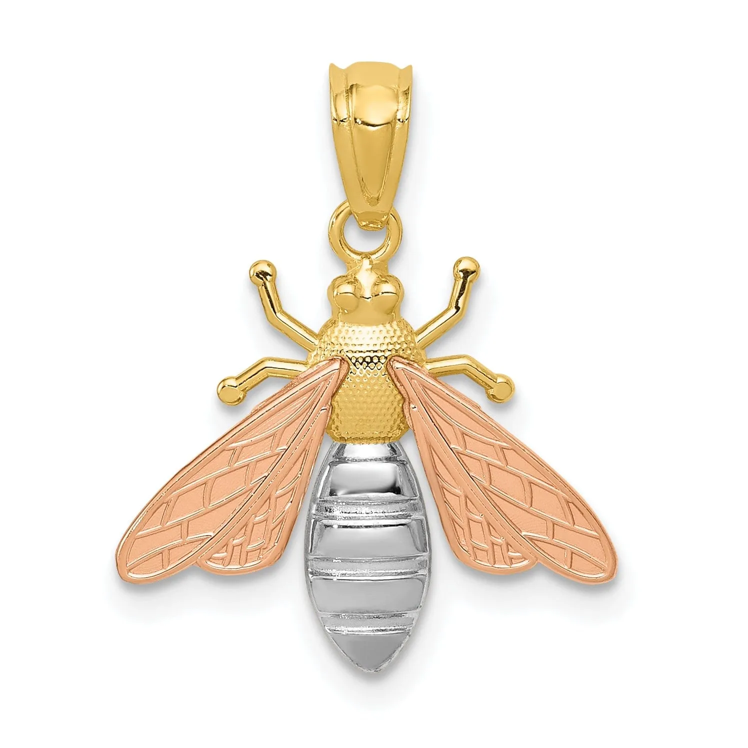 14k Two Tone Gold White Rhodium Open Back Solid Textured Polished Finish Bee Charm Pendant