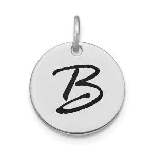 14k White Gold Polished Rhodium Black Epoxy Finish Letter B Initial Disk Shape Charm Pendant