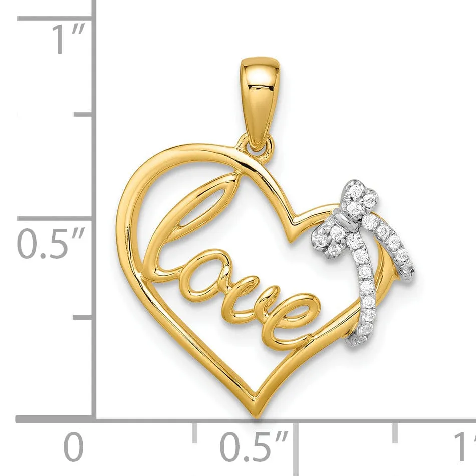 14k Yellow Gold 0.063-CT Diamond Heart with Bow Design Pendant