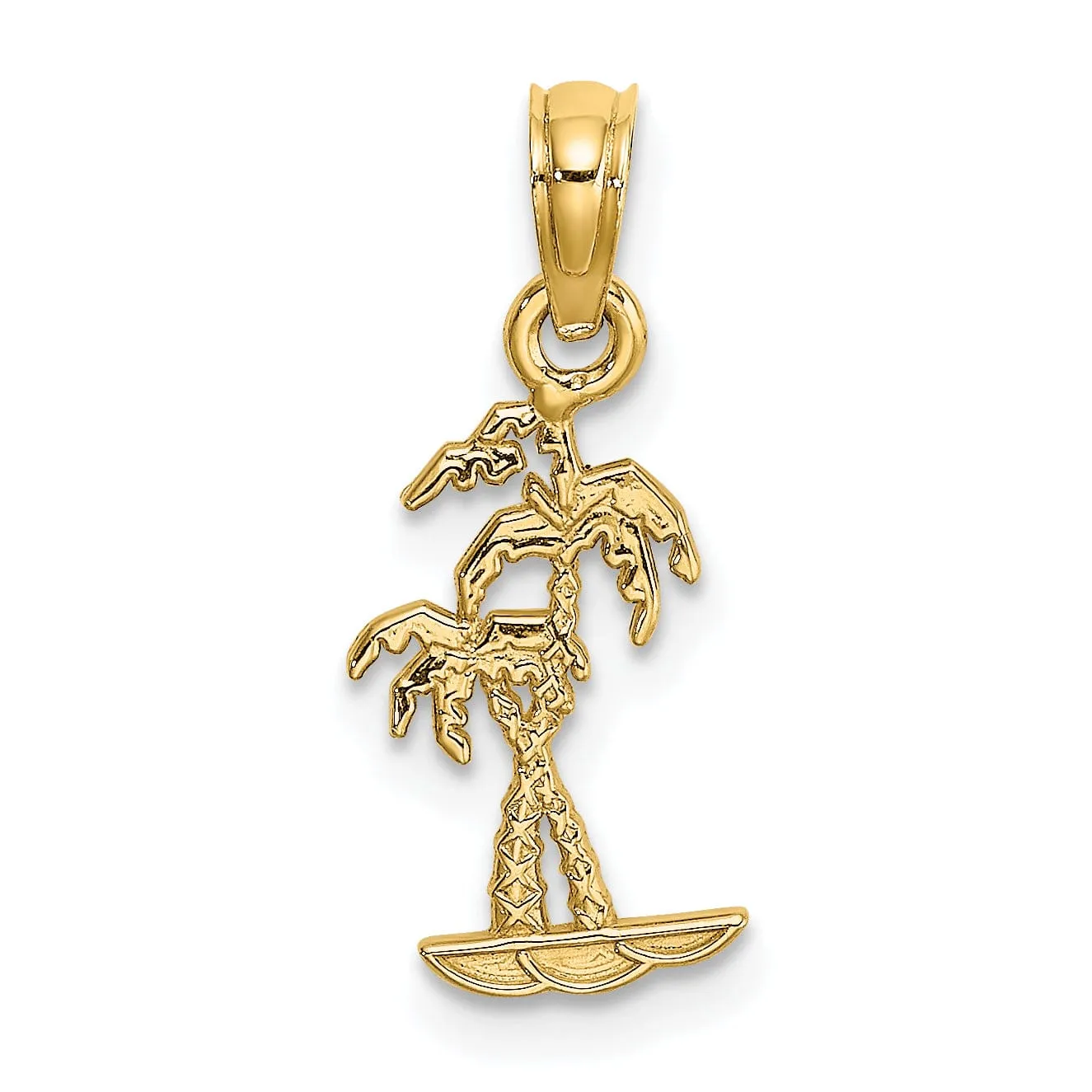 14K Yellow Gold Flat Back Texture Finish Mini Double Palm Trees Charm Pendant