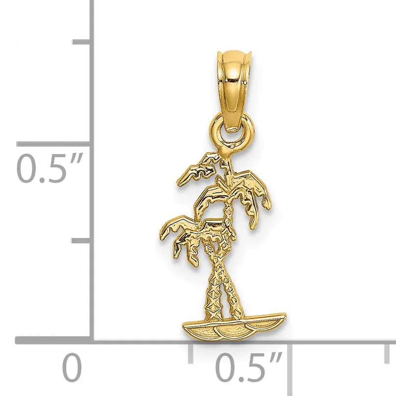 14K Yellow Gold Flat Back Texture Finish Mini Double Palm Trees Charm Pendant