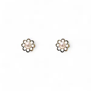 14K Yellow Gold Flower Screwback Earring with Fresh Water Pearl