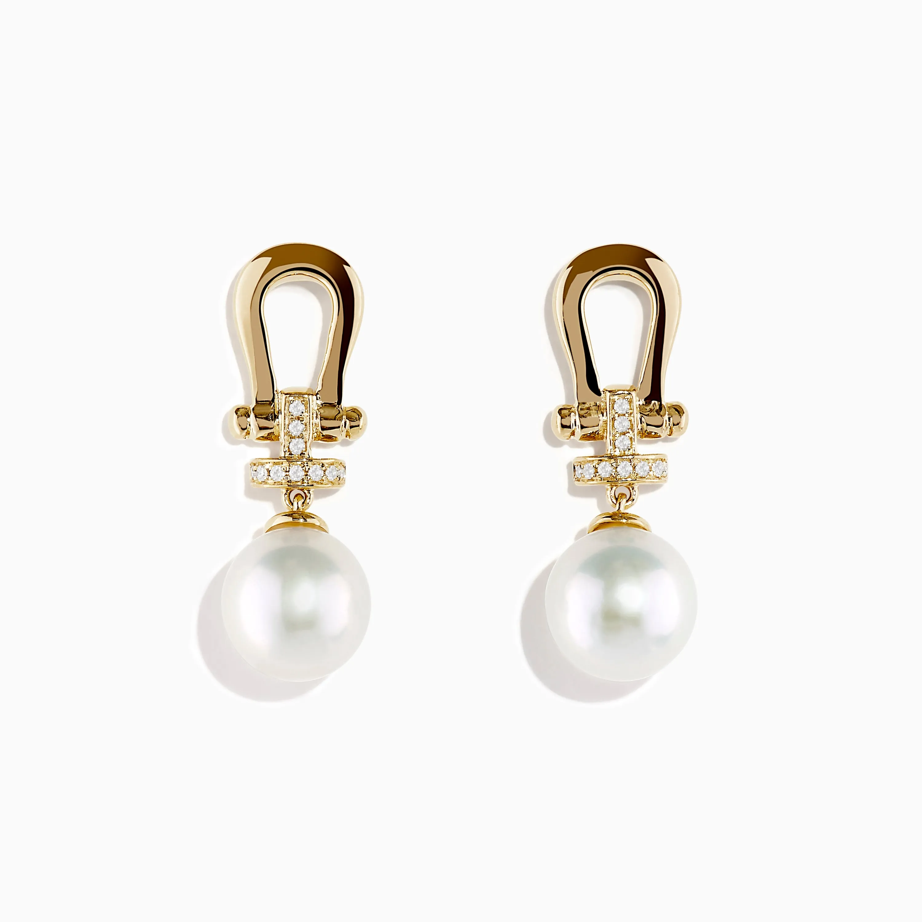 14K Yellow Gold Fresh Water Pearl and Diamond Horseshoe Drop Earrings