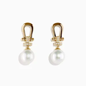 14K Yellow Gold Fresh Water Pearl and Diamond Horseshoe Drop Earrings