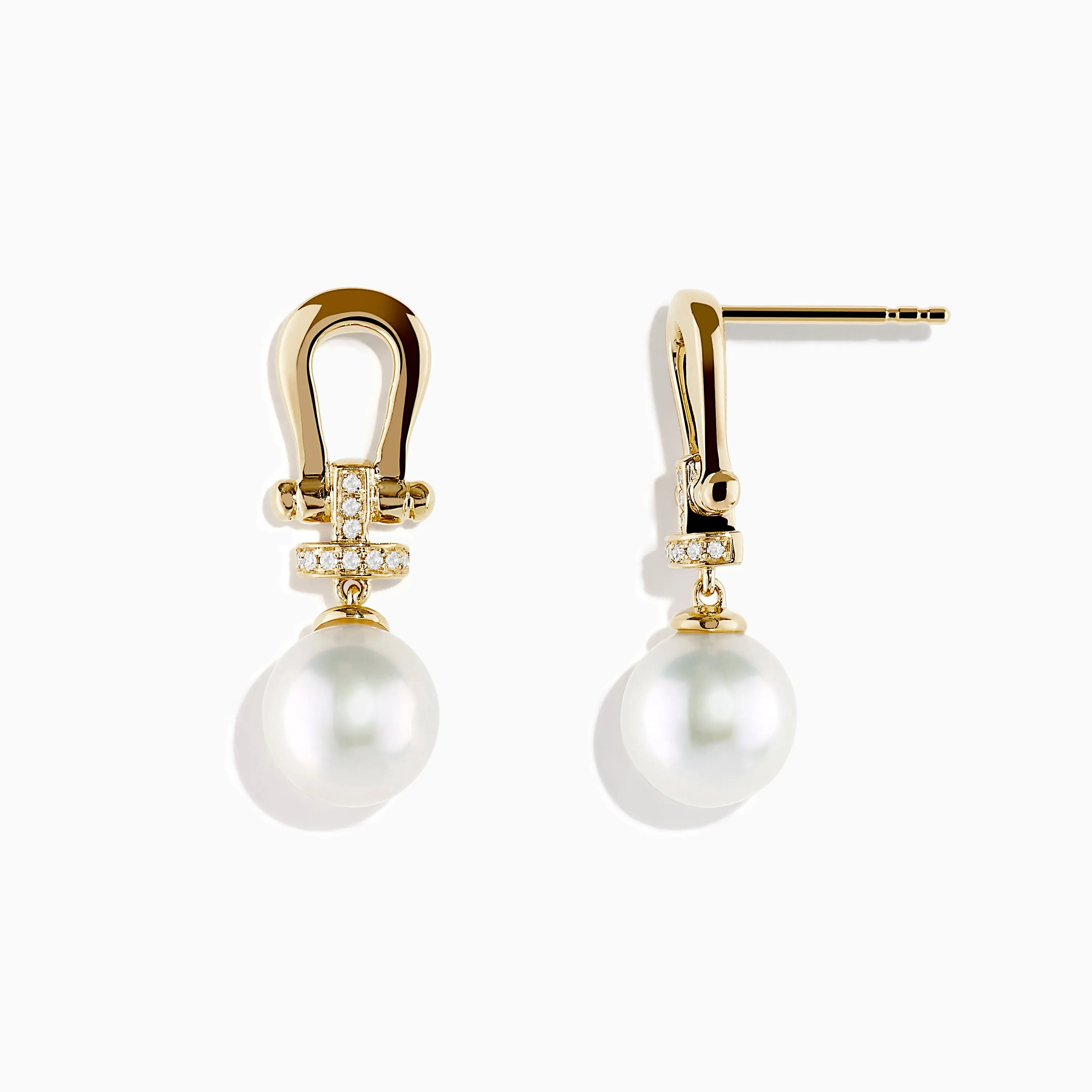 14K Yellow Gold Fresh Water Pearl and Diamond Horseshoe Drop Earrings