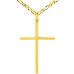 14K Yellow Gold Polised Large Plain Tube Cross Pendant with Figaro Chain Necklace