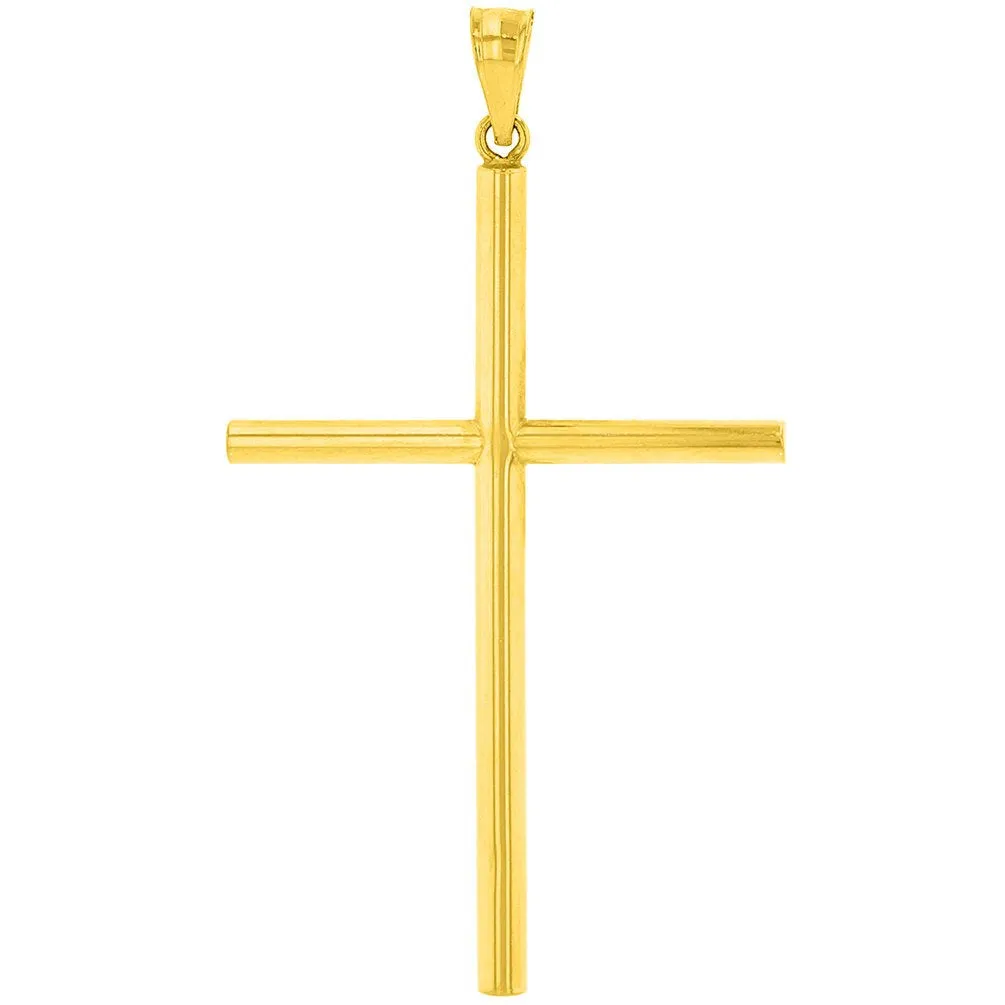 14K Yellow Gold Polised Large Plain Tube Cross Pendant with Figaro Chain Necklace