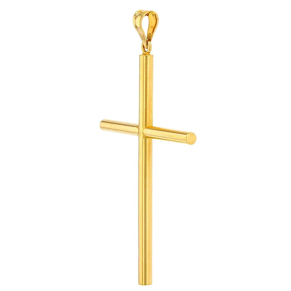 14K Yellow Gold Polised Large Plain Tube Cross Pendant with Figaro Chain Necklace