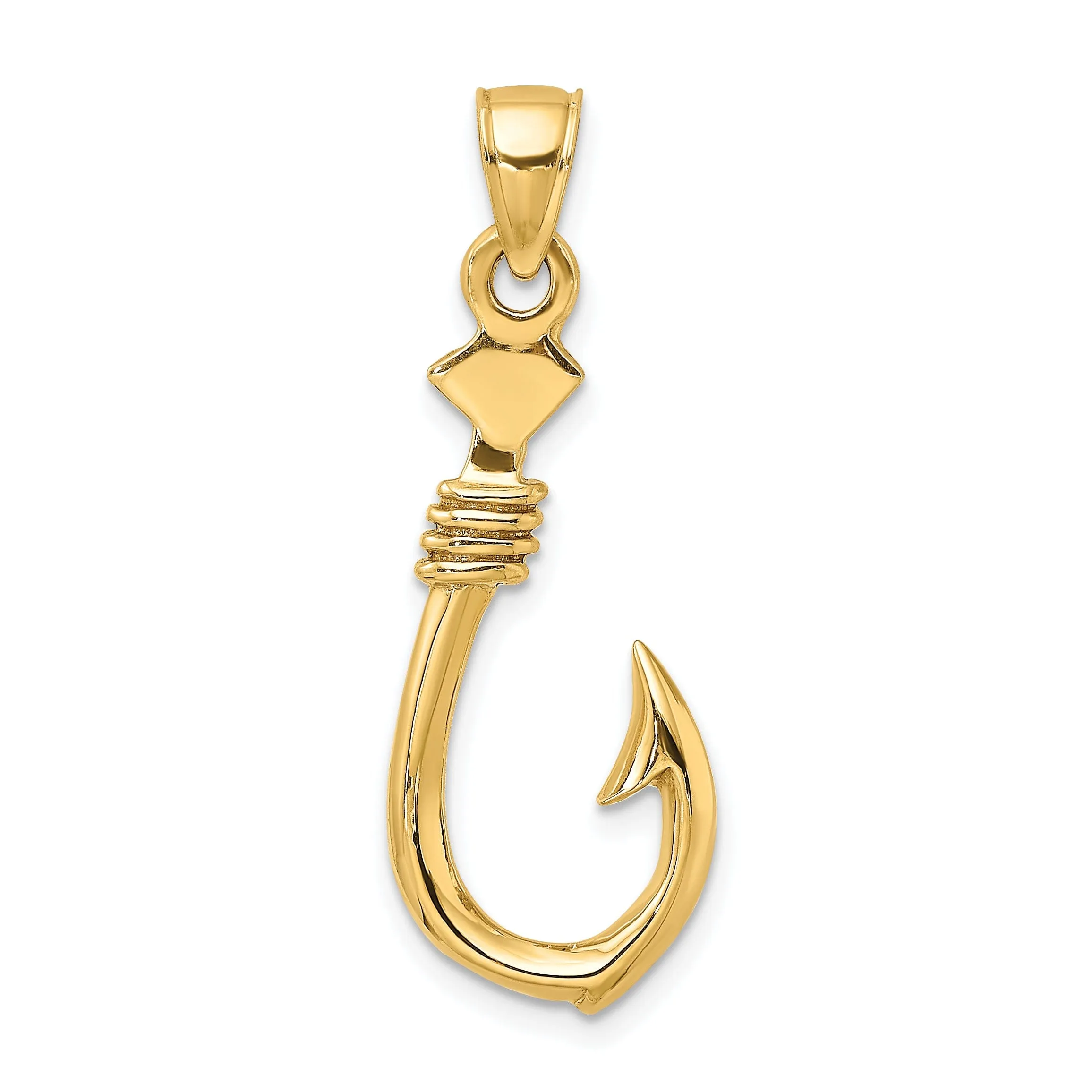 14K Yellow Gold Polished Finish 3-Dimensional Large Fish Hook with Rope Design Charm Pendant