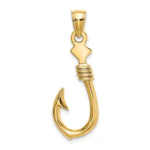 14K Yellow Gold Polished Finish 3-Dimensional Large Fish Hook with Rope Design Charm Pendant