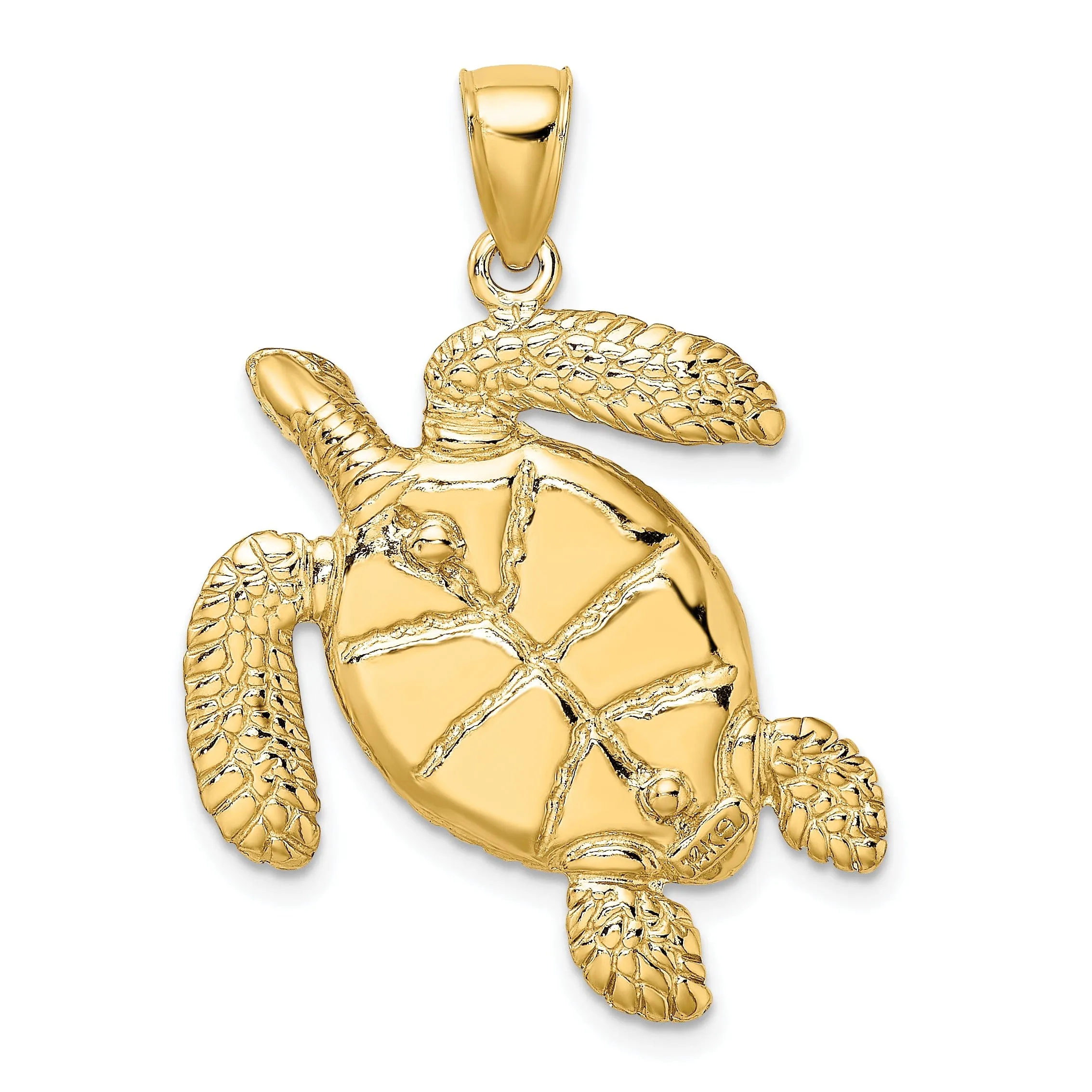 14k Yellow Gold Solid Casted Polished Finish 3D Brown Enamel Textured Sea Turtle Charm Pendant