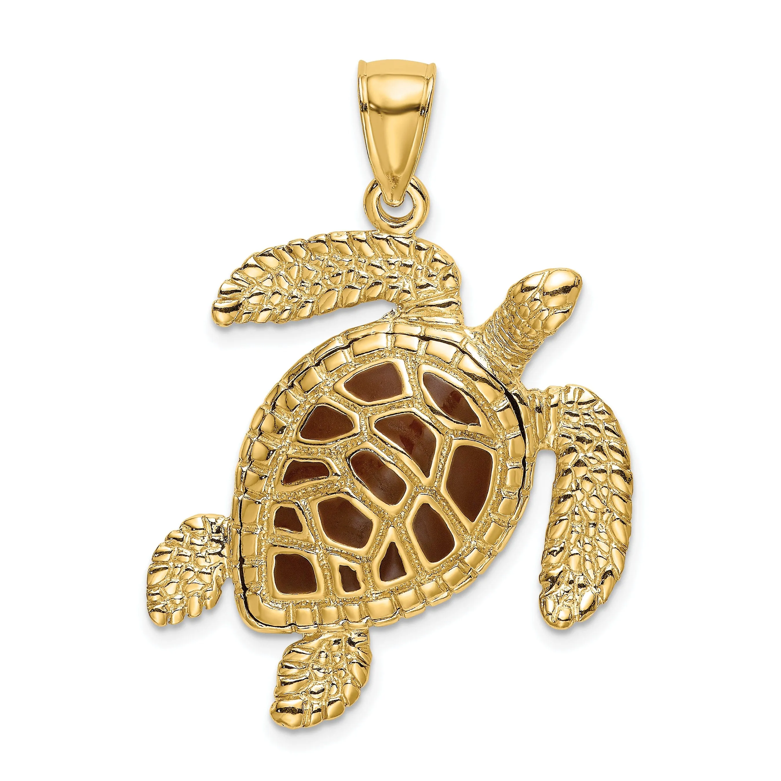 14k Yellow Gold Solid Casted Polished Finish 3D Brown Enamel Textured Sea Turtle Charm Pendant