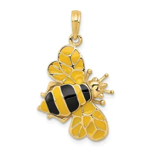 14k Yellow Gold Solid Open Back Polished Black Enameled Finish 3-Dimensional Bumblebee Charm Pendant