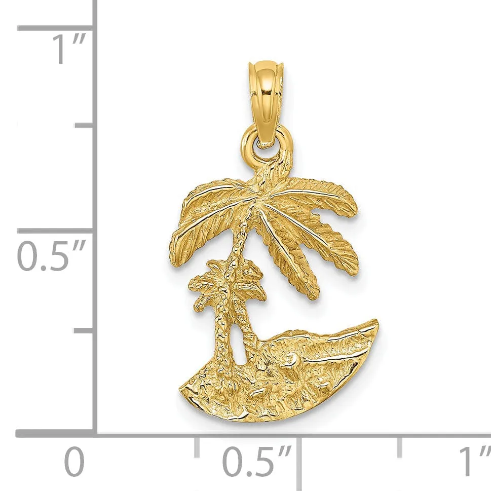 14K Yellow Gold Solid Polished Texture Finish Concave Shape 2-Dimensional Palm Trees On Island Charm Pendant