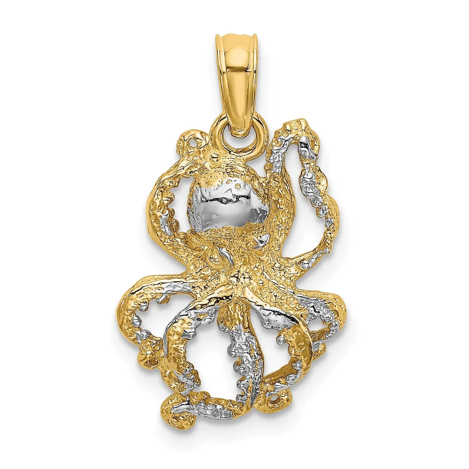 14K Yellow Gold with White Rhodium Casted Solid Textured Polished Finish Octopus Charm Pendant