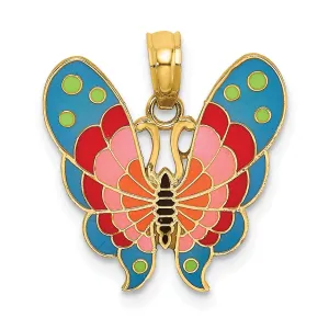 14K Yelow Gold with Multi-Color Enamel Solid Textured Back Polished Finish Butterfly Charm Pendant