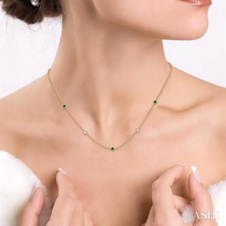 1/6 ctw Round Cut Diamond and 1.75MM Emerald Precious Station Necklace in 14K Yellow Gold