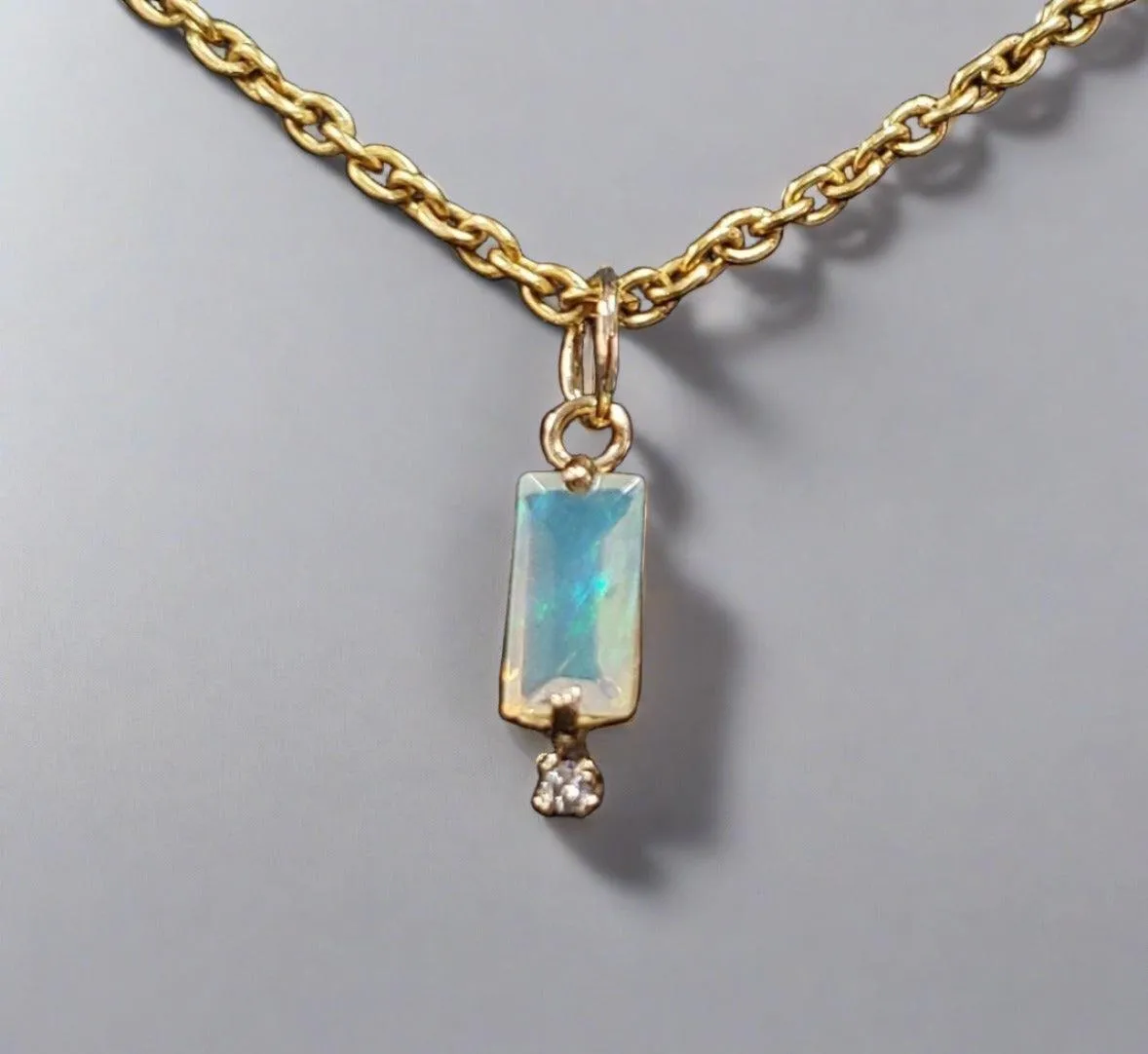 18k Gold Baguette Opal & Diamond Pendant