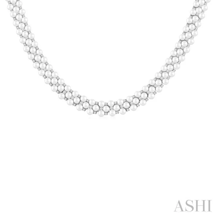 2 1/5 Ctw Triple Row 3 MM Cultured Pearl and Round Cut Diamond Fashion Necklace in 14K White Gold