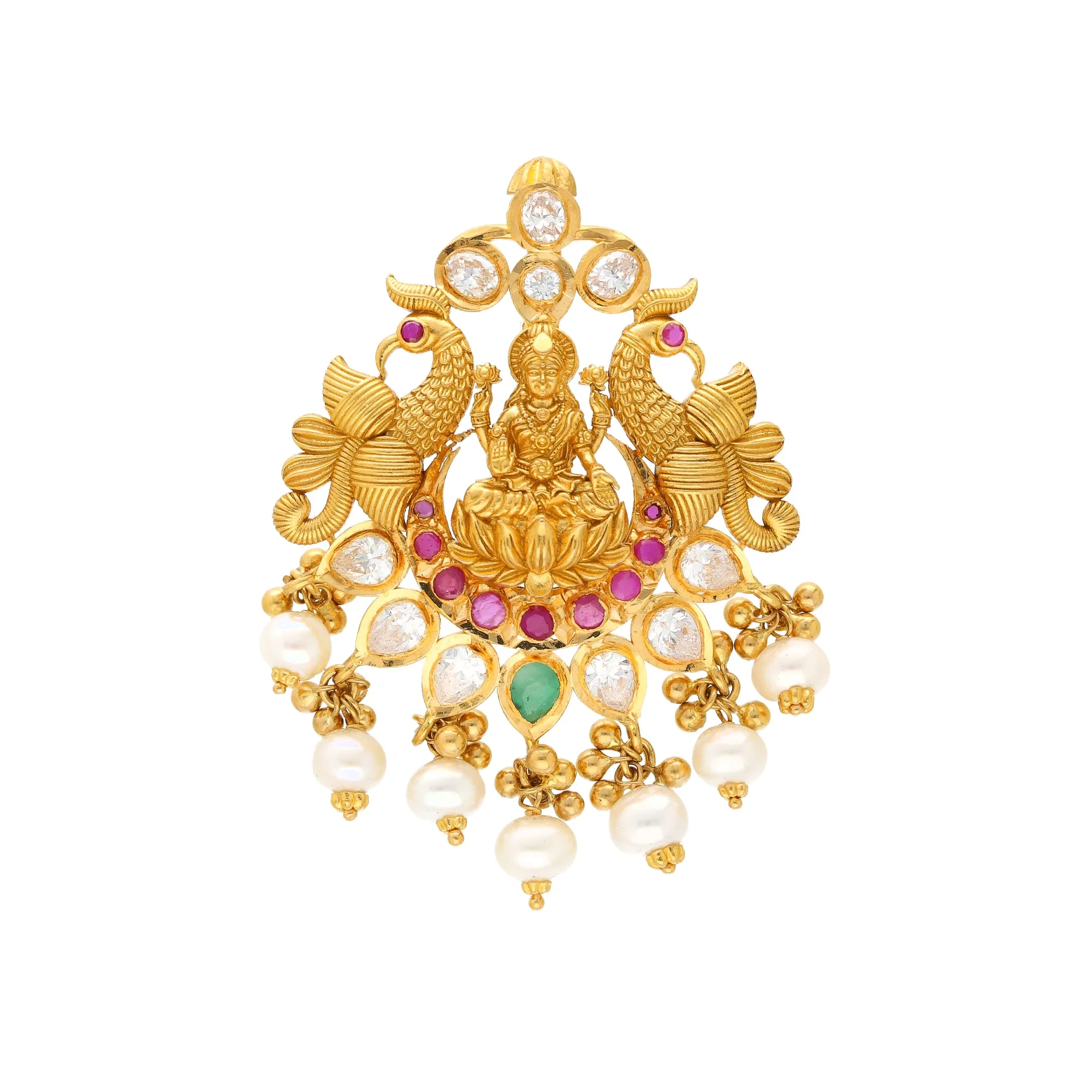 22K Yellow Gold Laxmi Pendant w/ Emeralds, Rubies, CZ & Pearls (14.5gm)