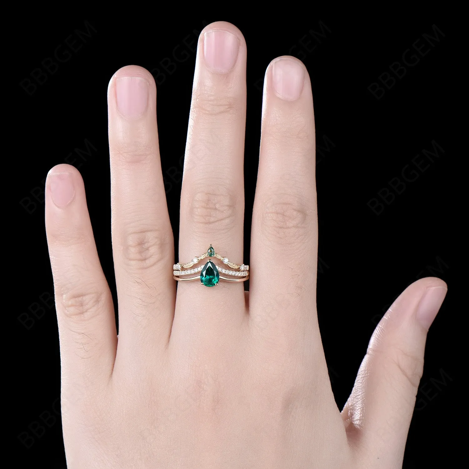 5x7mm Pear Shaped Emerald Bridal Ring Set Unique Split Shank Diamond Ring 14k Gold May Birthstone Ring Branch Leaf Wedding Ring Proposal Gift