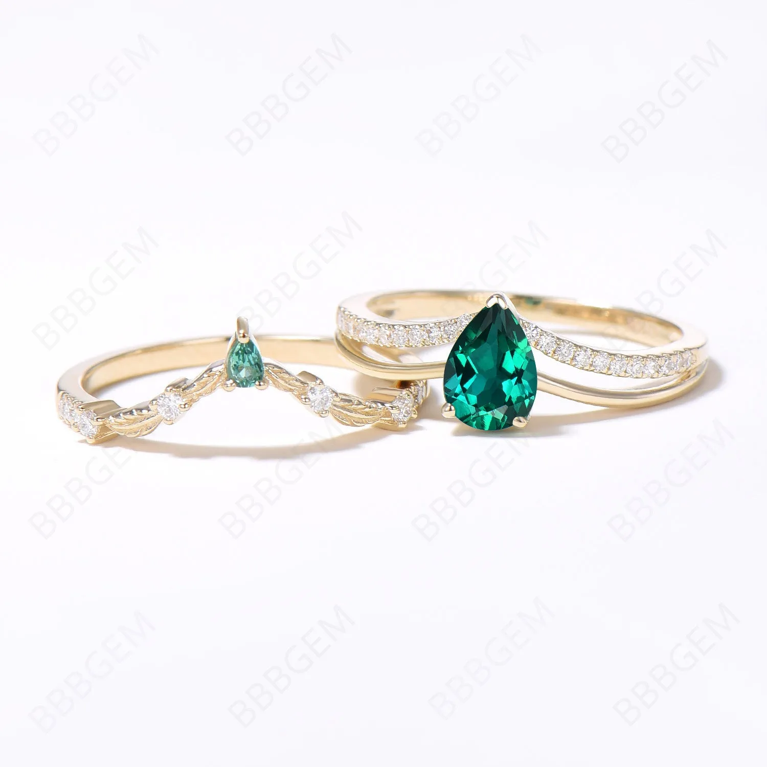 5x7mm Pear Shaped Emerald Bridal Ring Set Unique Split Shank Diamond Ring 14k Gold May Birthstone Ring Branch Leaf Wedding Ring Proposal Gift