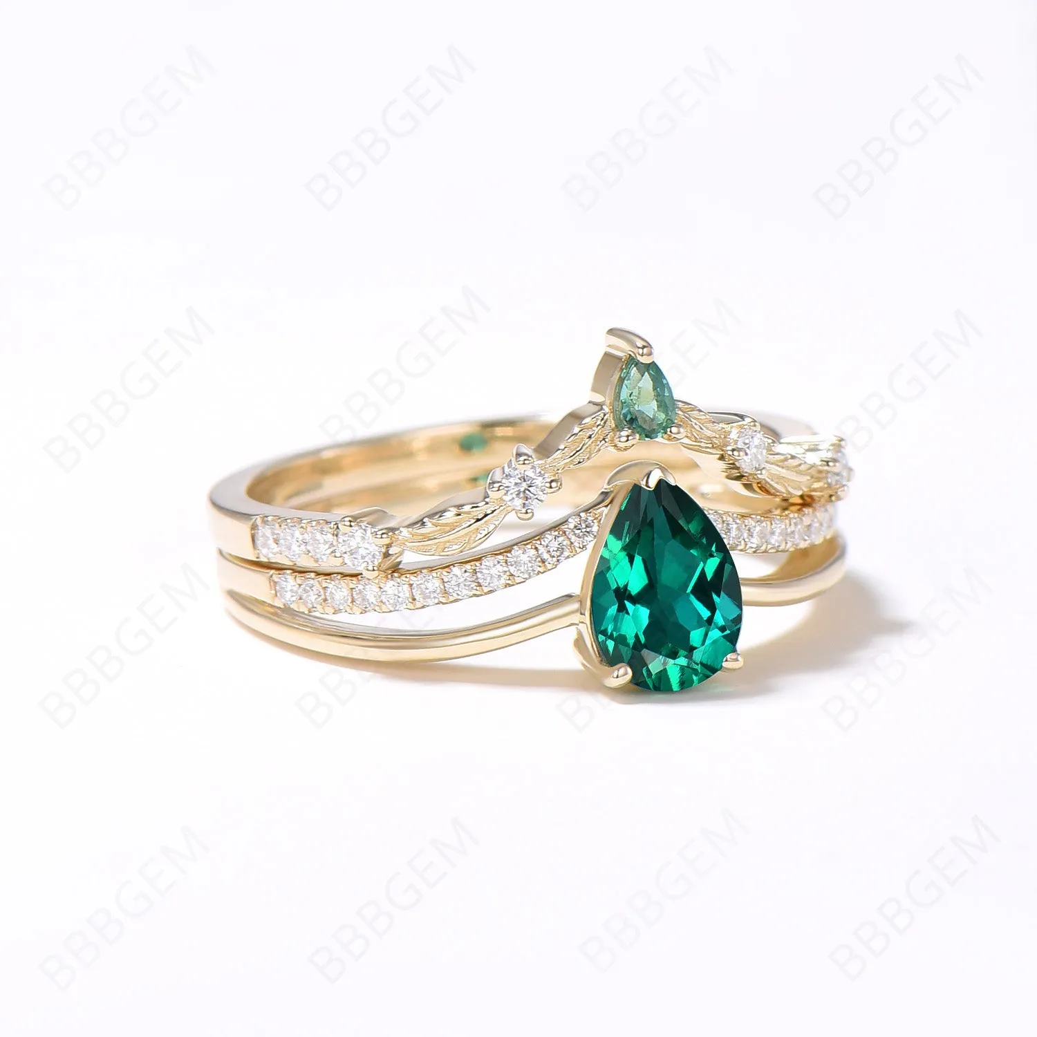 5x7mm Pear Shaped Emerald Bridal Ring Set Unique Split Shank Diamond Ring 14k Gold May Birthstone Ring Branch Leaf Wedding Ring Proposal Gift