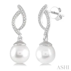 7x7 MM Round Cut Cultured Pearl and 1/6 Ctw Round Cut Diamond Earrings in 10K White Gold