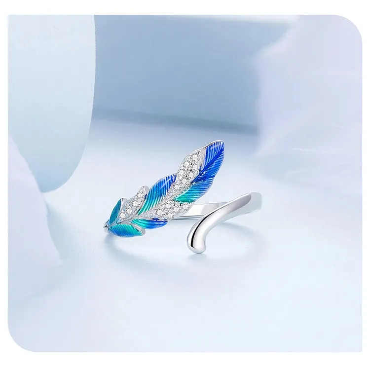 925 Sterling Silver Dazzling Blue Feather Pave Setting CZ Ring for Women