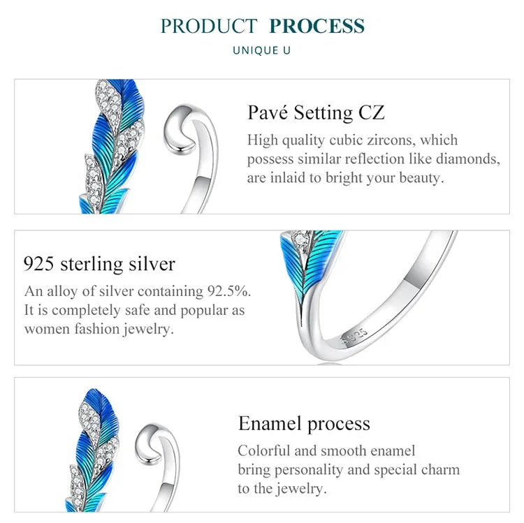 925 Sterling Silver Dazzling Blue Feather Pave Setting CZ Ring for Women