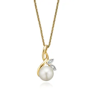 9ct Two Tone Gold 6.5mm Freshwater Pearl & Diamond Set Pendant